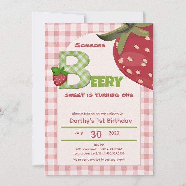 Convites Gingham Rosa Morango Berry Primeiro Aniversário In (Frente)