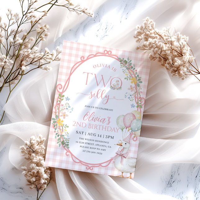 Convites Gingham rosa segundo aniversário Gingham bobo Goos (Criador carregado)