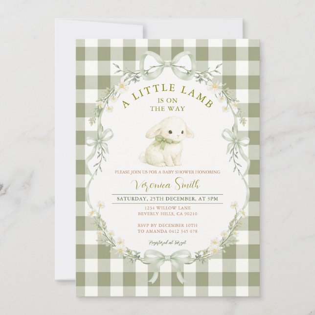 Convites Gingham Sage Green Little Lamb Baby Shower (Frente)