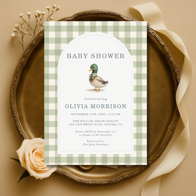 Convites Gingham Sage Green Mallard Duck Bow Baby Shower (Criador carregado)