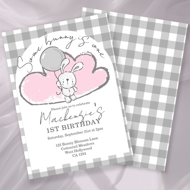 Convites Gingham Some Bunny Is One Birthday Personalized (Gingham Some Bunny Is One Birthday Personalized Invitation by Ricaso. Pink bunny rabbit party)