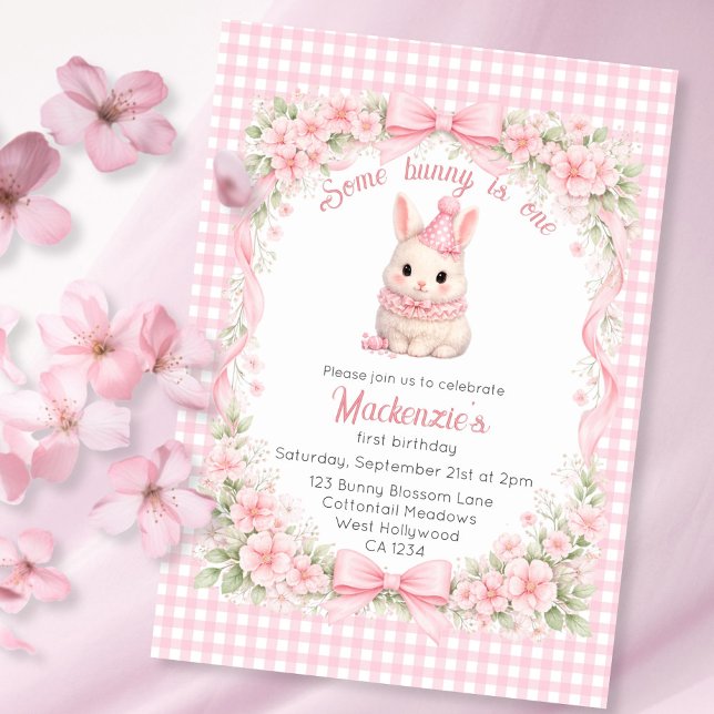 Convites Gingham Some Bunny Is One Birthday Personalized (Gingham Some Bunny Is One Birthday Personalized Invitation
by Ricaso. Pink bunny rabbit in party hat)