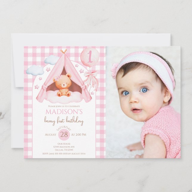 Convites Gingham Teddy Bear Balloon Photo Girl 1st Birthday (Frente)