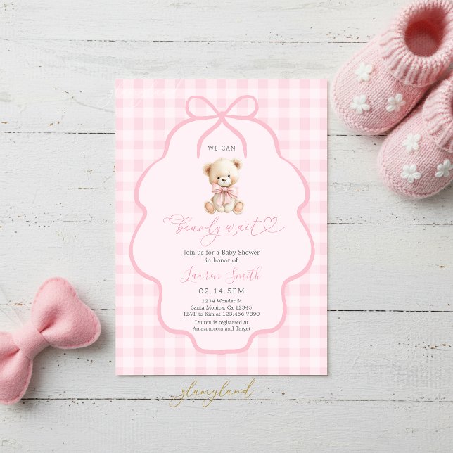 Convites Gingham Teddy Bear Girl Baby Shower (Criador carregado)
