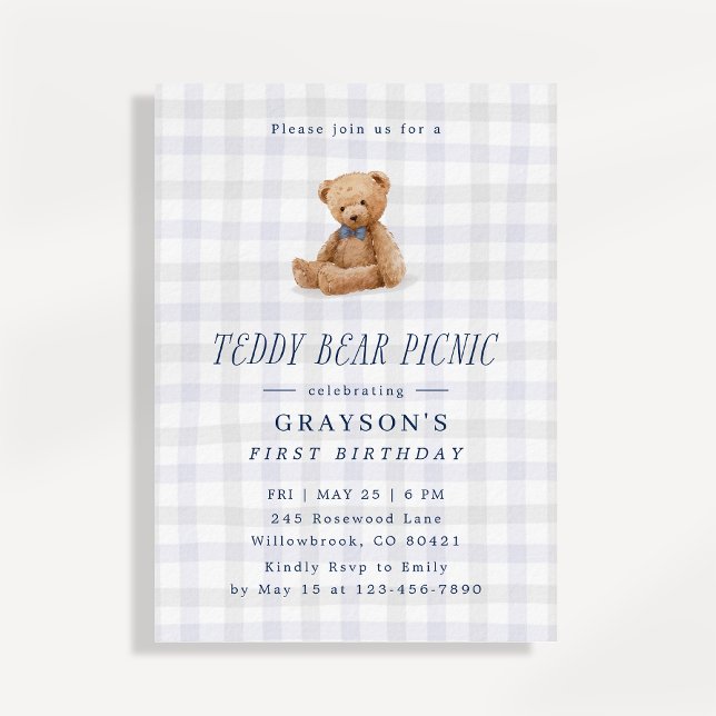 Convites Gingham Teddy Bear Picnic First Birthday  (Criador carregado)