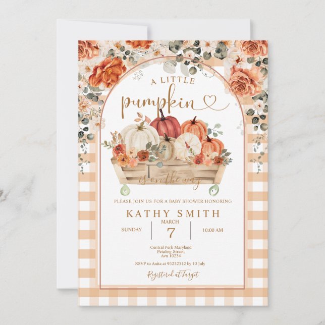 Convites Gingham Um pouco de abóbora está a caminho do Chá  (Frente)