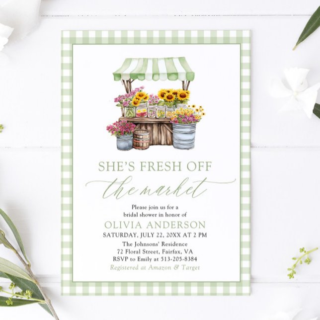 Convites Gingham Verde Fresco Do Chá de panela De Mercado (Green Gingham Fresh Off The Market Bridal Shower Invitation)