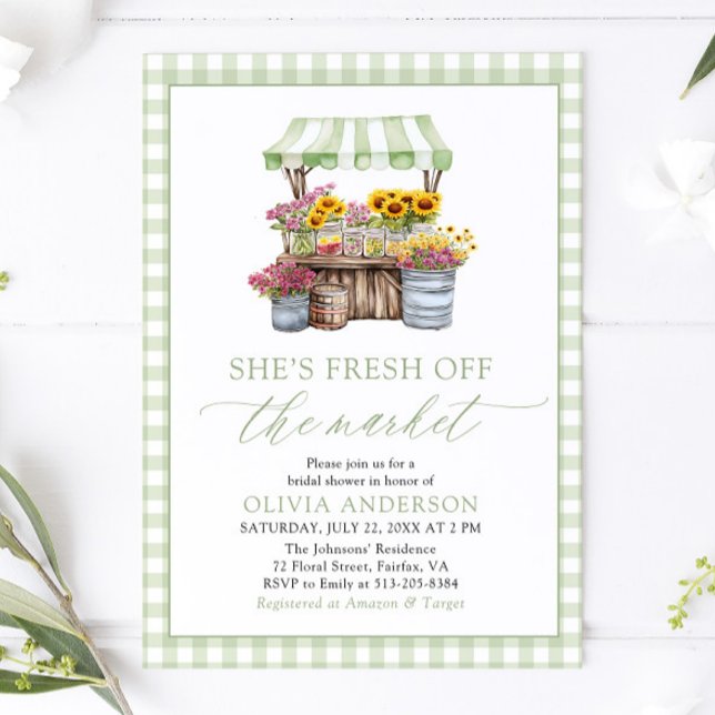 Convites Gingham Verde Fresco Do Chá de panela De Mercado (Green Gingham Fresh Off The Market Bridal Shower Invitation)