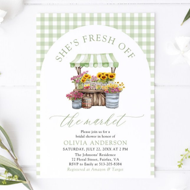 Convites Gingham Verde Fresco Do Chá de panela De Mercado (Green Gingham Fresh Off The Market Bridal Shower Invitation)