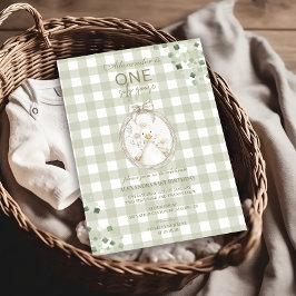 Convites Gingham Verde primeiro aniversario bobo Goose