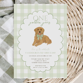 Convites Gingham Verde Um Ano Ouro Primeiro Aniversário