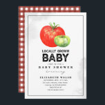 Convites Gingham Watercolor Invi, Chá de fraldas Cultivado<br><div class="desc">O mercado russo inspirou o tema do chá de fraldas neutro em relação ao gênero,  apresentando um tomate vermelho e verde sobre fundo branco com texto preto. O lado oposto é o gingham vermelho e branco.</div>