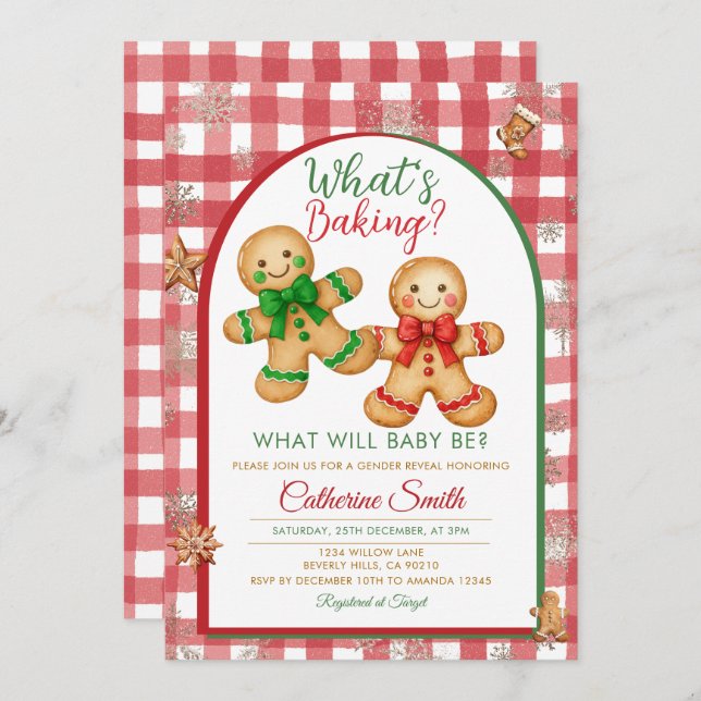 Convites Gingham What's Baking Gingerbread Gender Reveal (Frente/Verso)