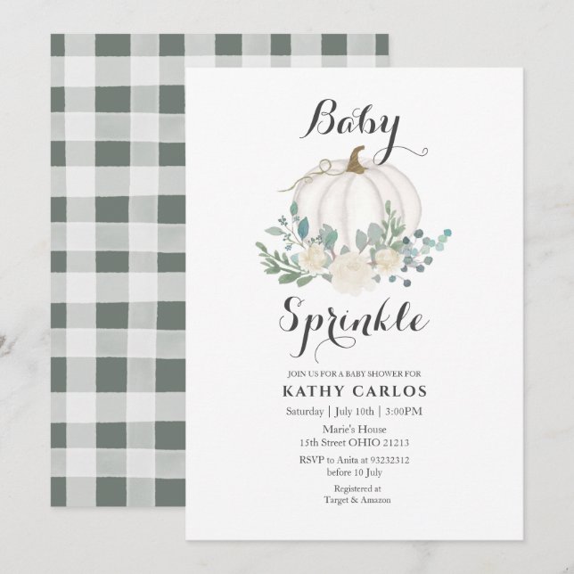 Convites Gingham White Pumpkin Baby Sprinkle (Frente/Verso)