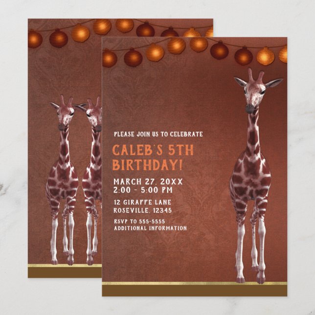 Convites Girafa Africana Laranja Marrom Festa de Aniversári (Frente/Verso)