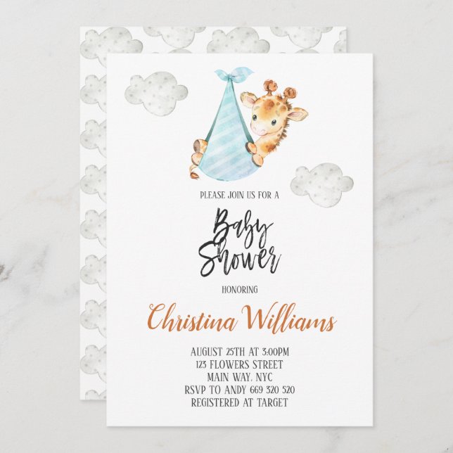 Convites Girafa Chá de fraldas Neutra Cubo Mínimo (Frente/Verso)