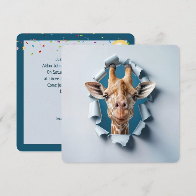 Convites Girafa de primeiro aniversario num buraco de papel (Frente/Verso)