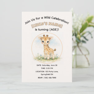 Convites Girafa de Safari em Aquarela Fofa Aniversário de C