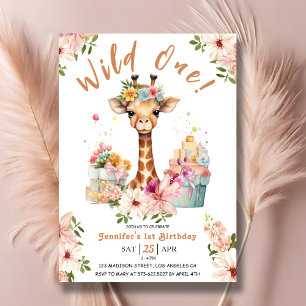 Convites Girafa Meninas Aniversário de 1 ano Safari Rosa 