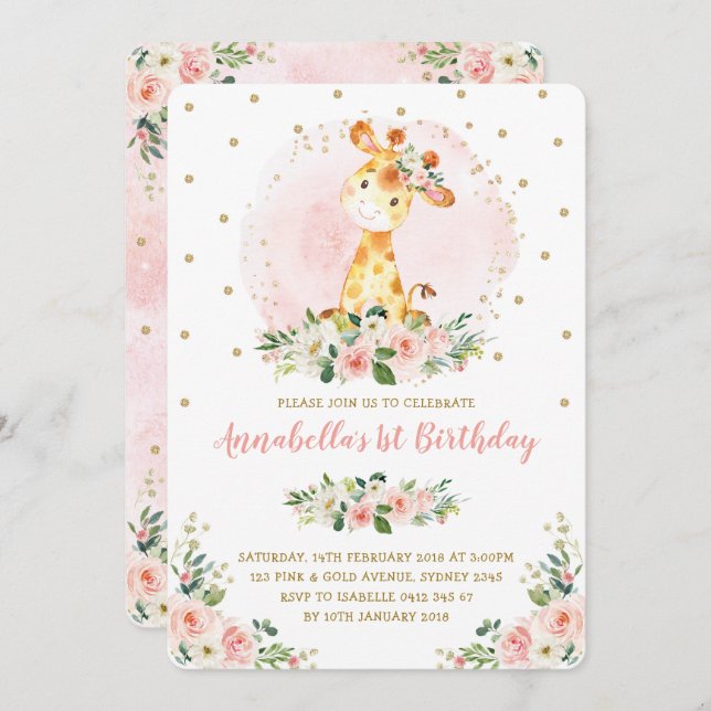 Convites Girafa Menininha Blush Dourado primeiro aniversari (Frente/Verso)