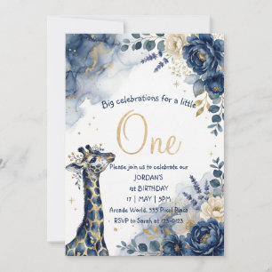 Convites Girafa Menino em Aquarela Azul Marinho Primeiro An