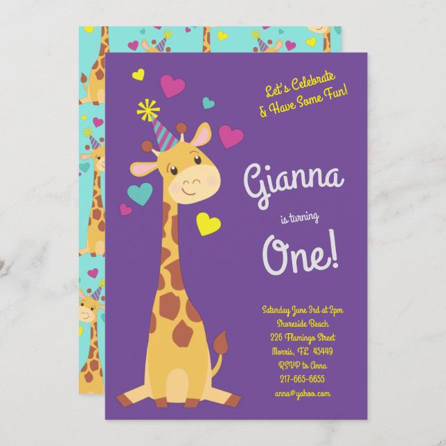 Convites Girafa, primeiro aniversario De Meninos Bonitos (Frente/Verso)
