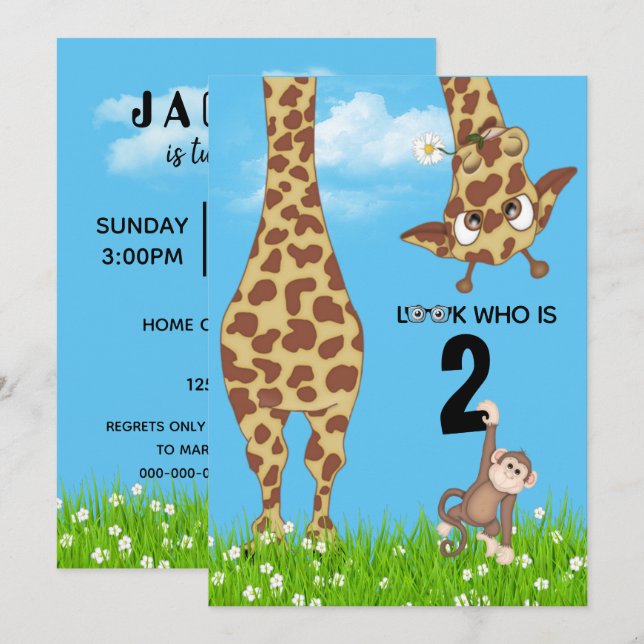 Convites Girafa segundo aniversário na grama (Frente/Verso)