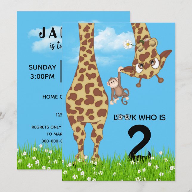Convites Girafa segundo aniversário na grama (Frente/Verso)