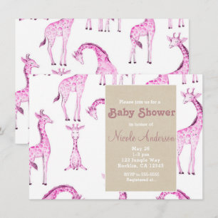Convites Girafas Rosa & Safari Kraft Baby Shower Caprichoso