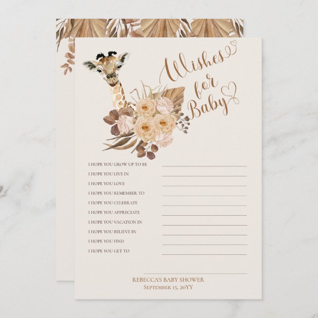 Convites Giraffe Boho Grass Chá de fraldas Deseja Bebê (Frente/Verso)