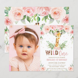 Convites Giraffe Jungle Blush Foto do primeiro aniversario
