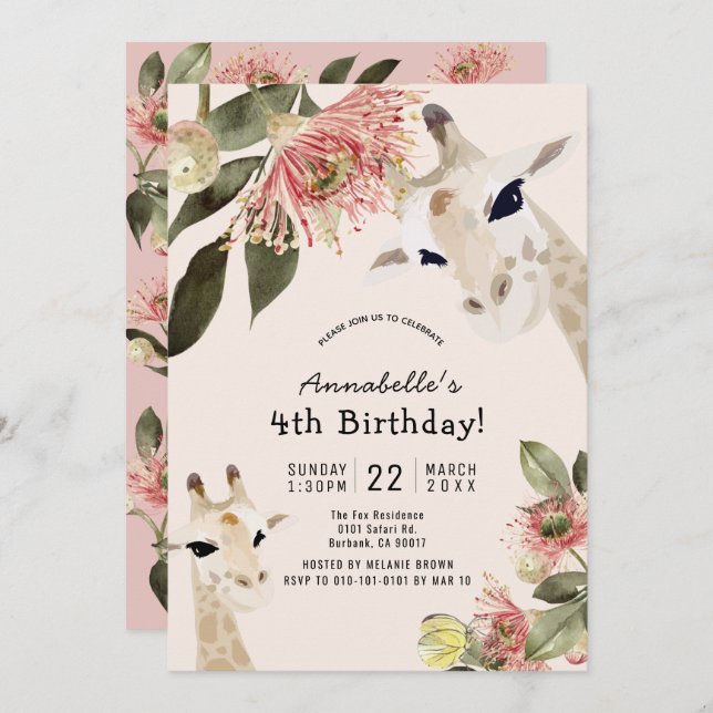Convites Giraffe Pink Floral Girl Aniversário (Frente/Verso)