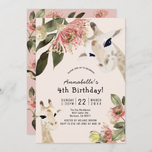 Convites Giraffe Pink Floral Girl Aniversário