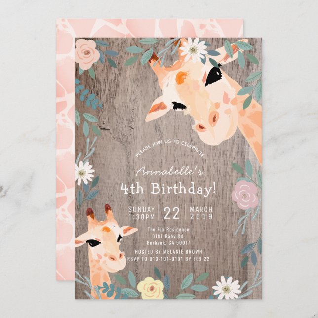 Convites Giraffe Rustic Wood Pink Floral Birday (Frente/Verso)