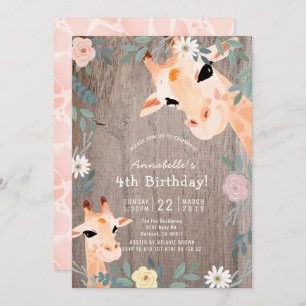 Convites Giraffe Rustic Wood Pink Floral Birday