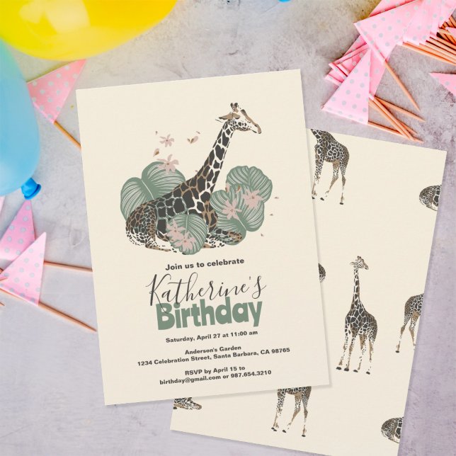 Convites Giraffe Tropical Greenery Animal Birthday Party  (Criador carregado)