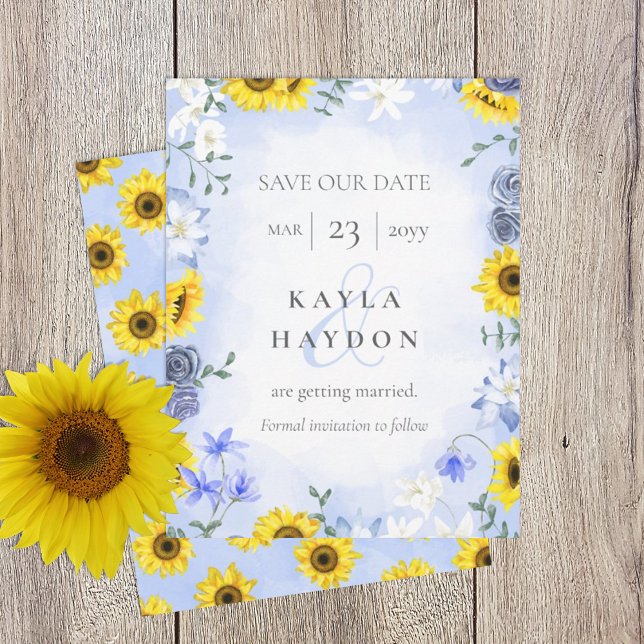 Convites Girasóis, Rosas Azuis Empoeiradas Casamento Salve  (sunflowers and dusty blue rose wedding save the date card, yellow gold light blue)