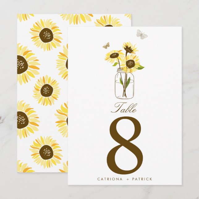 Convites Girasóis Rústicos em Números de Mesa com Jarra de  (Frente/Verso)