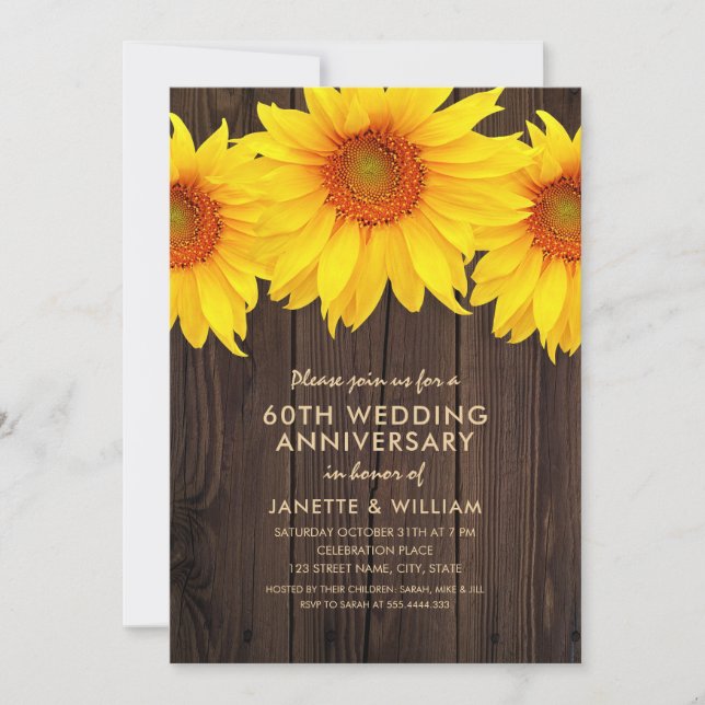 Convites Girasol 60º Aniversário de Casamento Madeira Rústi (Frente)