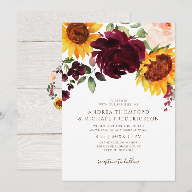 Convites Girasol e Rosas Casamento Outono Vermelho Borgonha (Frente/Verso)