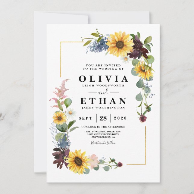 Convites Girasol Rosas Borgonha Azuis Rústicas (Frente)