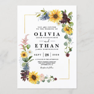 Convites Girasol Rosas Borgonha Azuis Rústicas