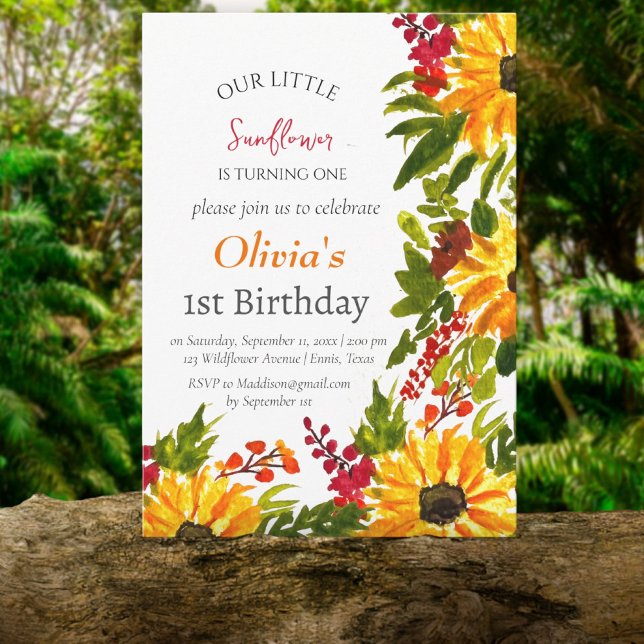 Convites Girassóis 1rua Primeiro Aniversário Rapariga Flora (Criador carregado)