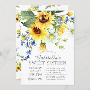 Convites Girassóis Amarelos e Cheios de flores Doce 16