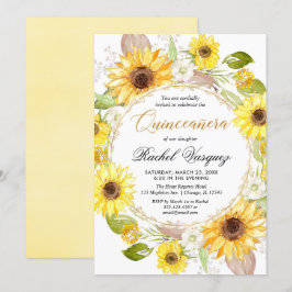 Convites Girassóis amarelos e dourados Quinceanera