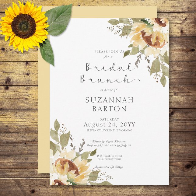 Convites Girassóis Amarelos Grandes Rústicos Macios Brunch  (Soft Rustic Large Yellow Sunflowers Bridal Brunch Invitation)