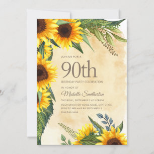 Convites Girassóis Amarelos Rústicos 90º Aniversário