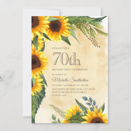 Convites Girassóis Amarelos Rústicos Aniversário de 70 anos