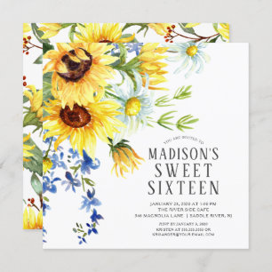 Convites Girassóis animados Doce Dezesseis Festas de aniver