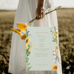 Convites Girassóis Aquarela Texto Dourado Casamento Sage